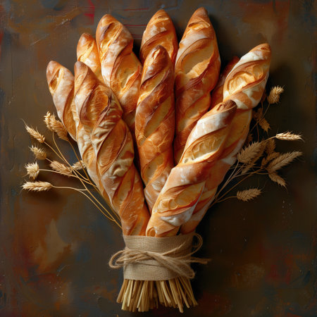 Baguettes with wheat ears on rustic background, top viewの素材