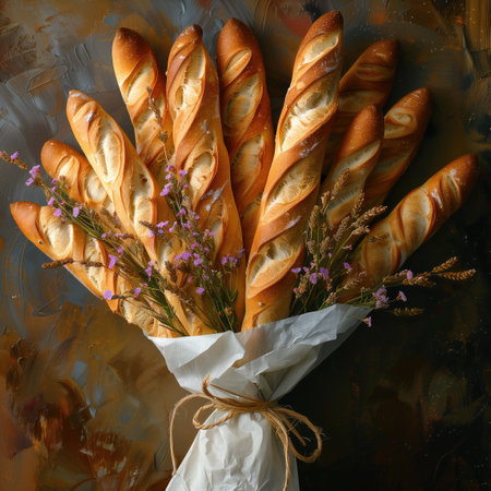 Bunch of fresh baguettes with lavender flowers on a dark backgroundの素材