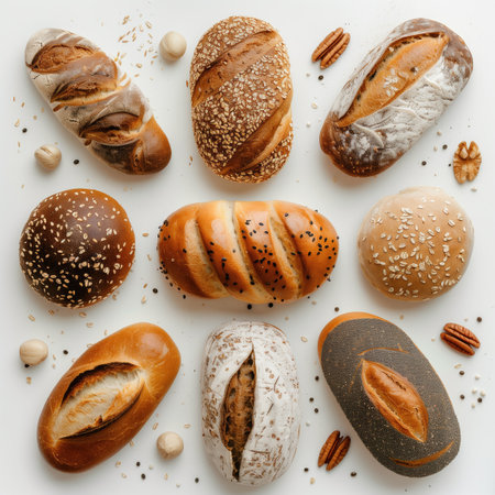 Variety of bread and buns on white background, top viewの素材