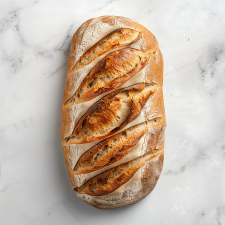 Freshly baked baguette on white marble background, top viewの素材