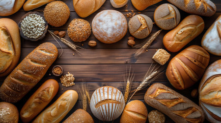 Assortment of baked bread on wooden table. Top view with copy spaceの素材