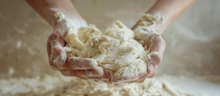 Female hands kneading dough in flour. Selective focus.の素材