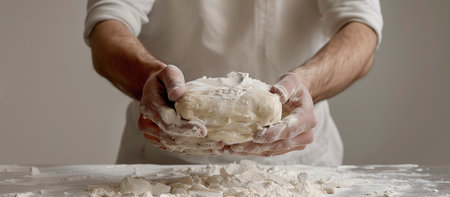 Male hands kneading dough on a kitchen table, close-upの素材