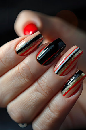 Beautiful female hands with red manicure and black nail polish.の素材