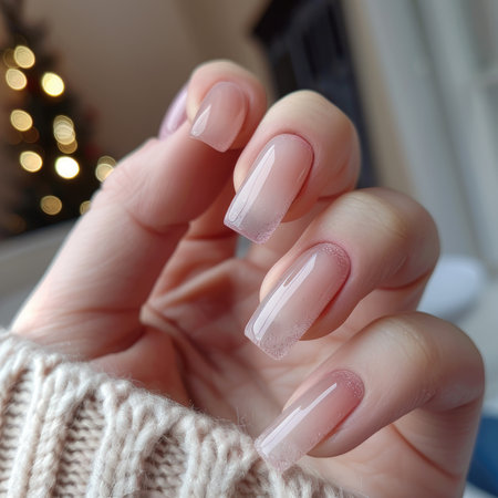 Female hand with beige nail design. Female hand with beige nail polish manicure.の素材