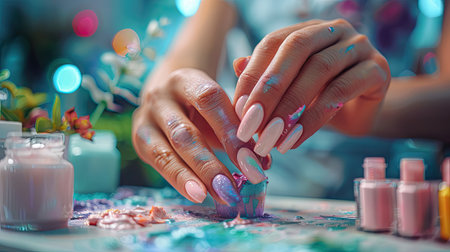 Female hands with beautiful manicure painting nails on table in beauty salonの素材