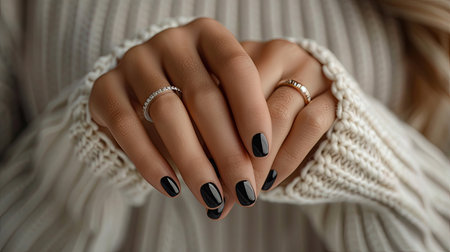 Female hands with black manicure and white nail design. Manicure concept.の素材