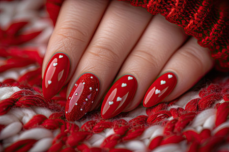 Female hand with red nail design. Glitter red nail polish manicure.の素材