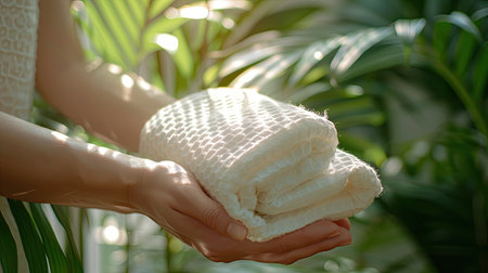 Female hands with eco-friendly towels, closeup. Zero waste conceptの素材