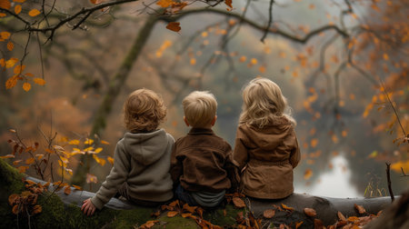 Three little boys sitting on a fallen tree in the autumn forest.の素材
