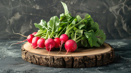 A bunch of ripe radishes on a wooden board. dark backgroundの写真素材