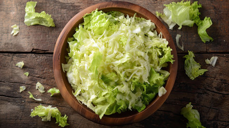 Shredded iceberg lettuce in a wooden bowl. Top viewの素材