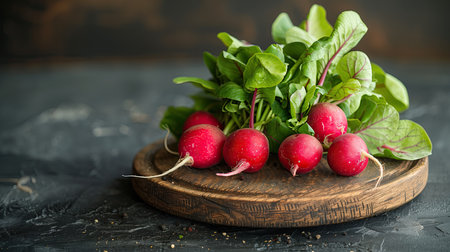 A bunch of ripe radishes on a wooden board. dark backgroundの写真素材