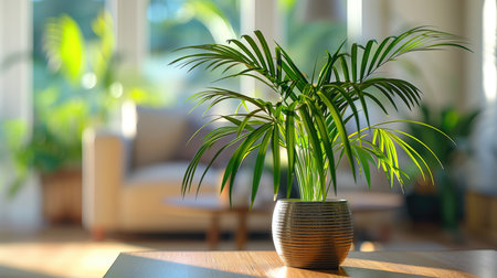 White pot with bamboo palm on the tableの素材