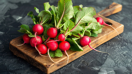 A bunch of ripe radishes on a wooden board. dark backgroundの写真素材