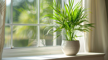 White pot with bamboo palm on the tableの素材
