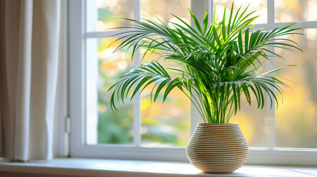 White pot with bamboo palm on the tableの素材