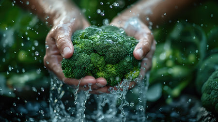 Closeup mens hands washing Broccoli headの写真素材