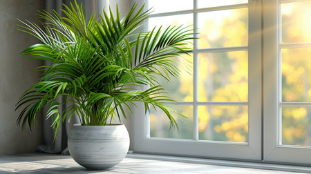 White pot with bamboo palm on the tableの素材