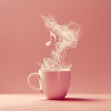 Cup of coffee with steam and music notes on pink background.の素材