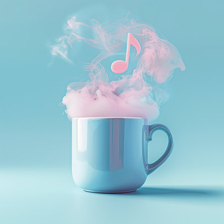 Cup of coffee with steam and music notes on blue background.の素材