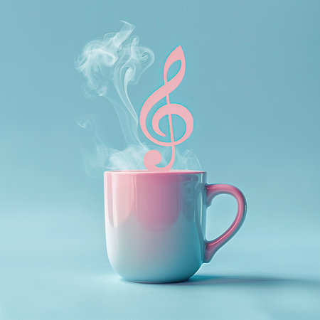 Cup of coffee with treble clef on blue background.の素材