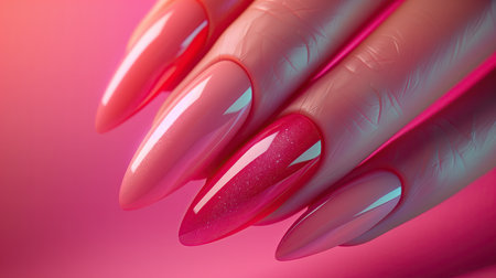 Female hand with long nails and bright pink manicure holds a bottle of nail polishの素材