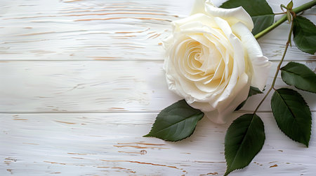 White rose on white wooden background. Top view with copy space.の素材