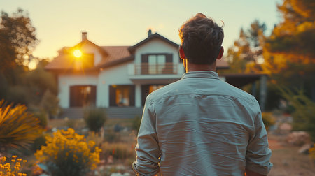 a real estate agent wathcing at a house, back photoの素材