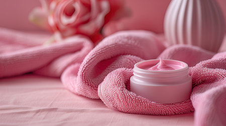 Cosmetic cream in a jar with a pink towel on the bedの素材