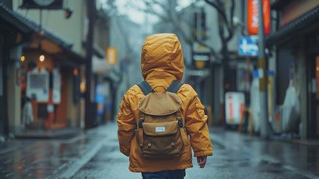 A child in a yellow raincoat walks through the autumn streetの素材