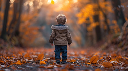 A child in a yellow raincoat walks through the autumn park.の素材