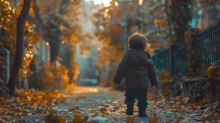 A child in a yellow raincoat walks through the autumn park.の素材