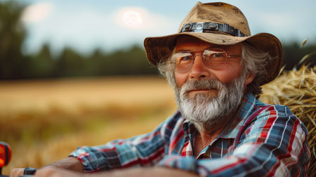 Portrait of a senior farmer driving a tractor in the countryside.の素材