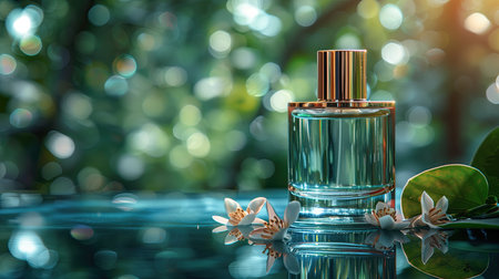 Perfume bottle on glass table with green bokeh backgroundの素材