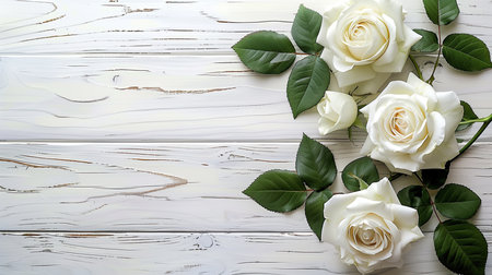 White rose on white wooden background. Top view with copy space.の素材