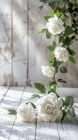 White roses on white wooden background. Top view with copy space.の素材