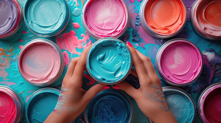 cropped view of child holding paint can with blue and pink paintの写真素材