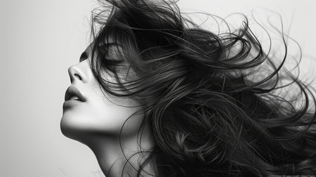 Portrait of beautiful young woman with flying hair. Black and white photo.の素材