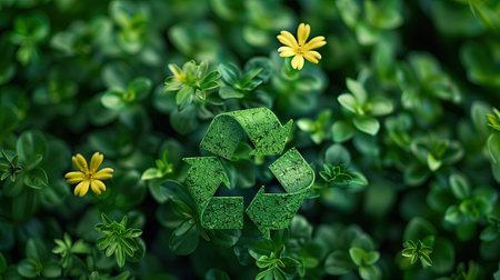 Recycling symbol in the middle of green leavesの素材