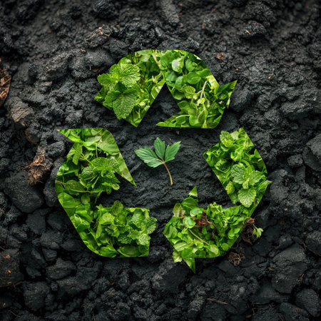 Recycling symbol made of fresh green leaves on black soil backgroundの素材