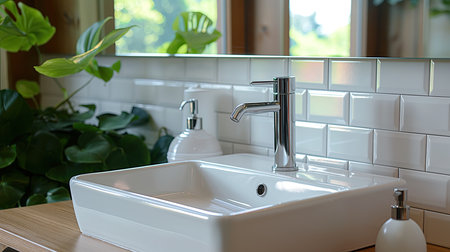 White sink on wooden counter in bathroom with plantの写真素材