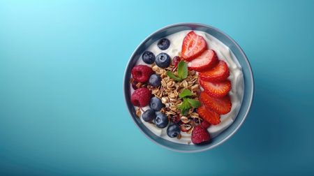 Healthy breakfast with yogurt, berries and granola, copy spaceの素材