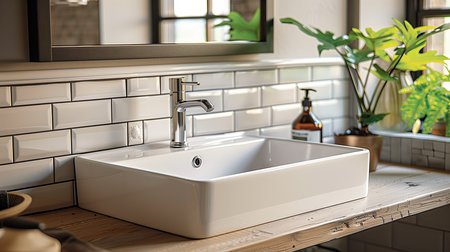 White sink on wooden counter in bathroom with plantの写真素材