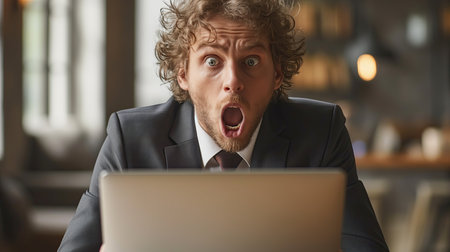 A businessman in a suit sits at a laptop with an open mouth gestureの素材