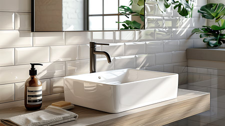White sink on wooden counter in bathroom with plantの写真素材