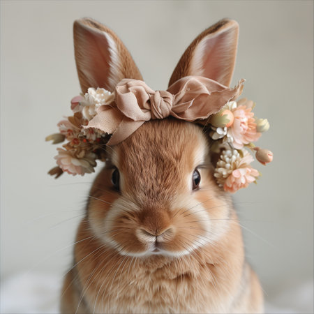 A fawn rabbit adorned with a flower crown on its headの素材