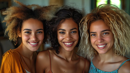 Group portrait of beautiful young women with afro hairstyle smiling and looking at cameraの素材