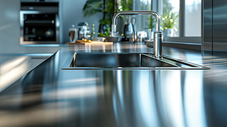 3d rendering stainless steel faucet in modern kitchen with nobody insideの素材
