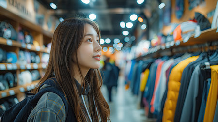 Portrait of a beautiful young woman in a clothing storeの素材